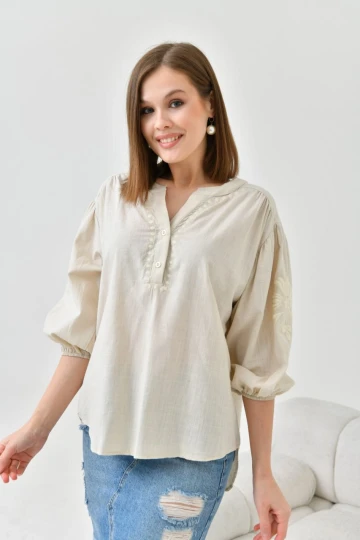 Kadın Gömlek V Yaka 2 Düğmeli Gömlek Ekru - 23132
