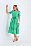 22133 B.YEŞİL YAKALI BALON KISA KOLKEMERLİ DİZ ALTI ELBİSE