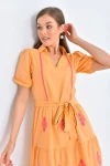 22133 ORANGE YAKALI BALON KISA KOLKEMERLİ DİZ ALTI ELBİSE