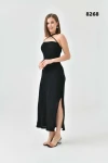 8268 SİYAH OMUZ VE SIRT ASKI DETAYLI UZUN ASTARSIZ YIRTMAÇLI TRİKO ELBİSE