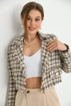 Kadın Ceket Düğme Detaylı Tüvit Crop Blazer Ceket Bej - KRN37