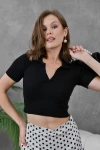 Kadın Siyah Polo Yaka Basic Crop Body