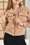 Kadın Ceket Çift Cepli Bel Boy Fermuarlı Şardonlu Ceket Camel - D005