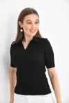 Kadın Slim Fit Pola Yaka Basic Triko Kısa Kol Kazak