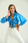 Kadın Saten Gömlek Önden Bağlamalı Vatkalı Crop Saten Gömlek Turkuaz - T092