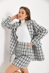 Kadın Blazer Ceket Ekose Desen Uzun Blazer Ceket Beyaz - KRN029