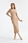 Kadın Elbise Dik Yaka Triko Midi Boy Elbise Camel - 10262