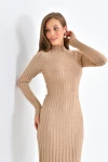 Kadın Elbise Dik Yaka Triko Midi Boy Elbise Camel - 10262