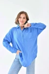 Kadın Gömlek Müslin Kumaş Cepli Uzun Kollu Kadın Gömlek Mavi - 23010