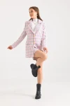 Kadın Blazer Ceket Ekose Desen Uzun Blazer Ceket Pembe - KRN029