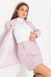 Kadın Blazer Ceket Ekose Desen Uzun Blazer Ceket Pembe - KRN029