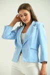 Kadın Blazer Ceket Bel Boy Vatkalı Tek Düğmeli Blazer Mavi - T026