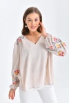 Kadın Bluz Omuz ve Kolları İşlemeli Büzgülü Kadın Bluz Bej - 33035