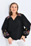 Kadın Bluz Omuz ve Kolları İşlemeli Büzgülü Kadın Bluz Siyah - 33035