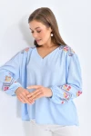 Kadın Bluz Omuz ve Kolları İşlemeli Büzgülü Kadın Bluz Bebe Mavi - 33035