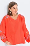 Kadın Bluz Omuz ve Kolları İşlemeli Büzgülü Kadın Bluz Nar - 33035