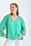 Kadın Bluz Omuz ve Kolları İşlemeli Büzgülü Kadın Bluz Yeşil - 33035