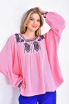 Kadın Bluz Yuvarlak Yaka Yaka ve Bilek İşlemeli Bluz Kadın Bluz Pembe - 33032