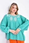 Kadın Bluz Yuvarlak Yaka Yaka ve Bilek İşlemeli Bluz Kadın Bluz Yeşil - 33032